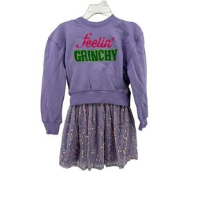 Girls Purple Feelin Grinchy‎ Sequin Tulle Skirt Sweatshirt Dress L(14)